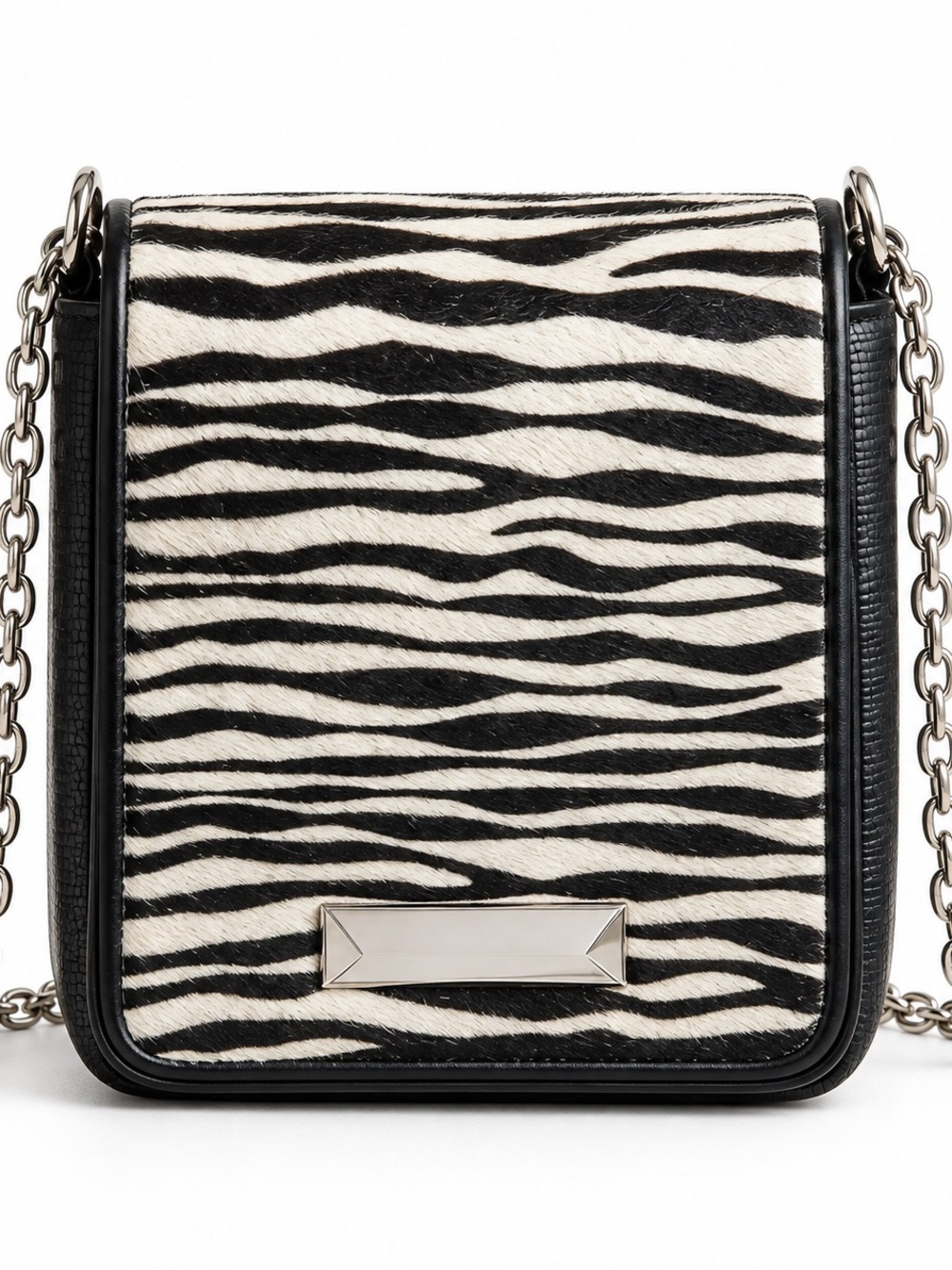 White House Black Market Black and White Zebra Crossbody Bag with Silver Chain